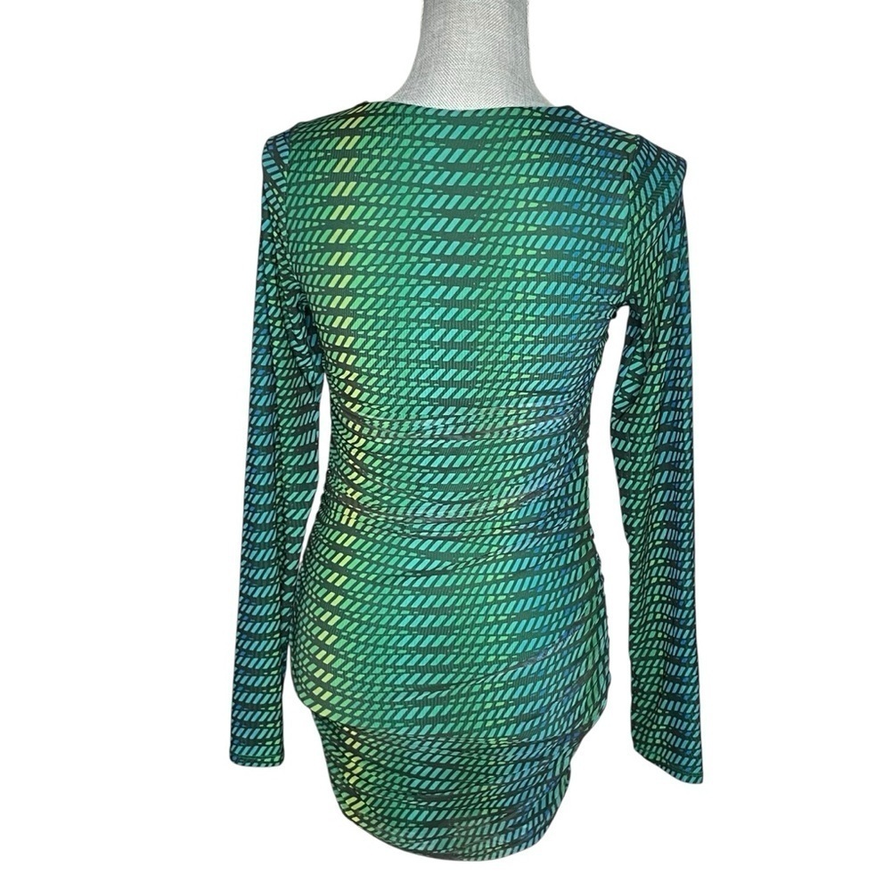 Oh Polly Dress Womens Mini Green Striped Print Bodycon Long Sleeve Cut Out Sz 8 - Picture 7 of 15